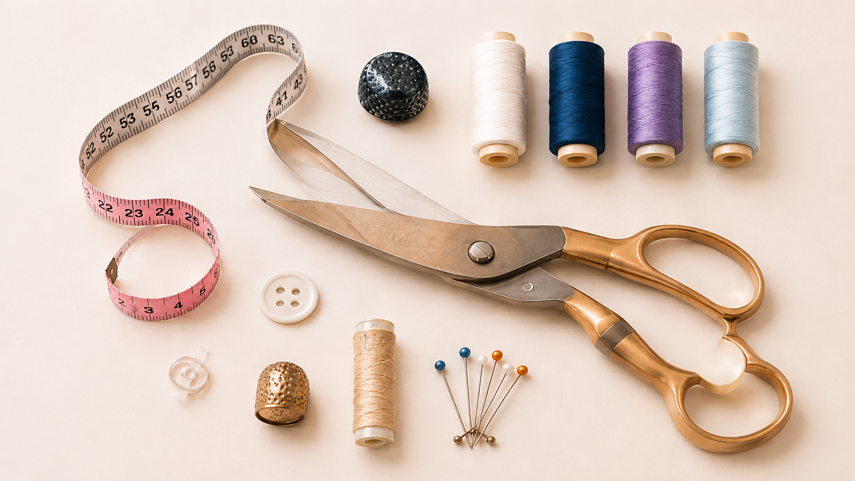 Fashion designing tools including scissors, measuring tape and sewing supplies